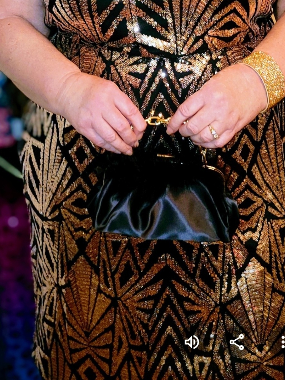 Black Satin Ruched Wristlet Clutch with Gold-Tone Frame